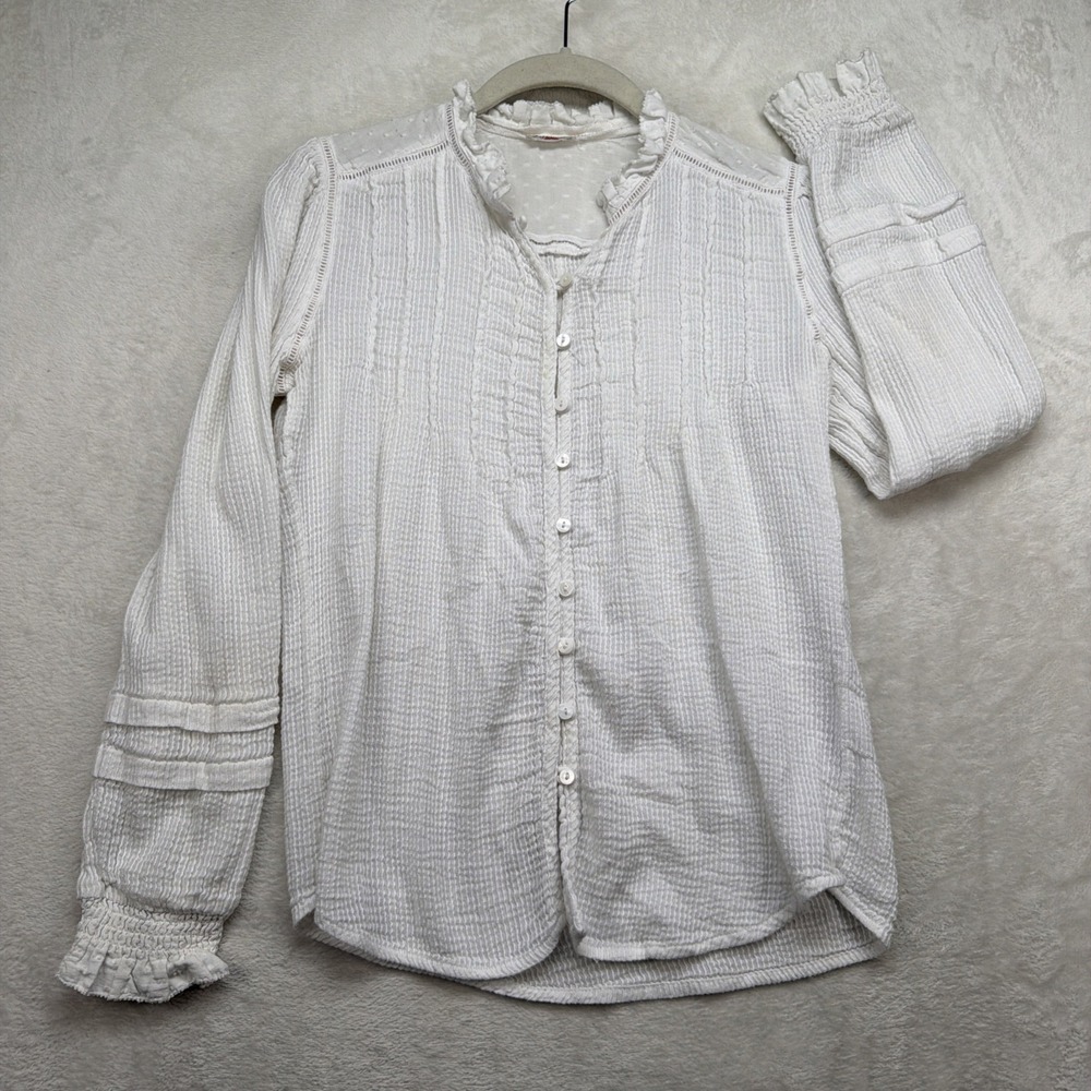 Faherty Women's White Cotton Gauze Button Front Blouse Ruffle Trim Long Sleeve‎